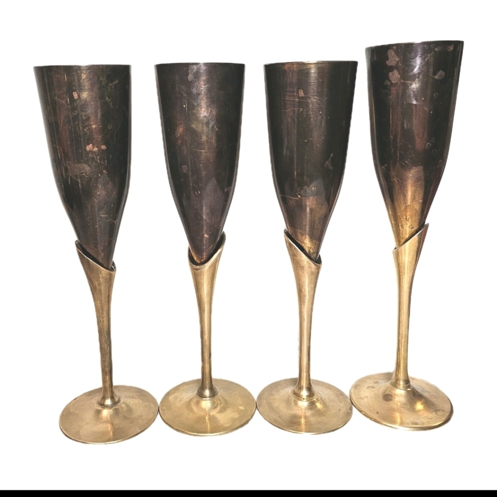 4 Vintage International Silver Co. Brass & Silver Plated Goblets